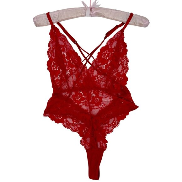 Red Lace V-Neck Strappy Back Thong Croquette Devilcore Bodysuit Lingerie - Picture 2 of 12